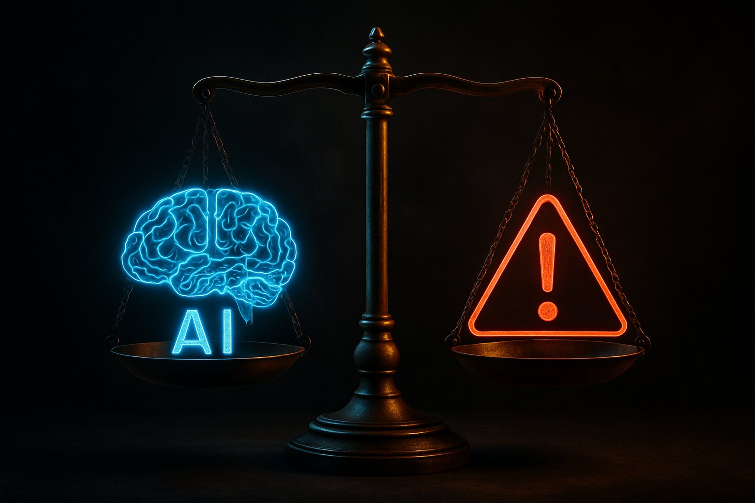 Ethical Concerns illustrated by scales balancing AI brain and warning sign.