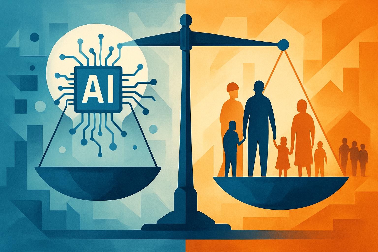 Balance scale symbolizes AI's societal impact and market risks discussion.
