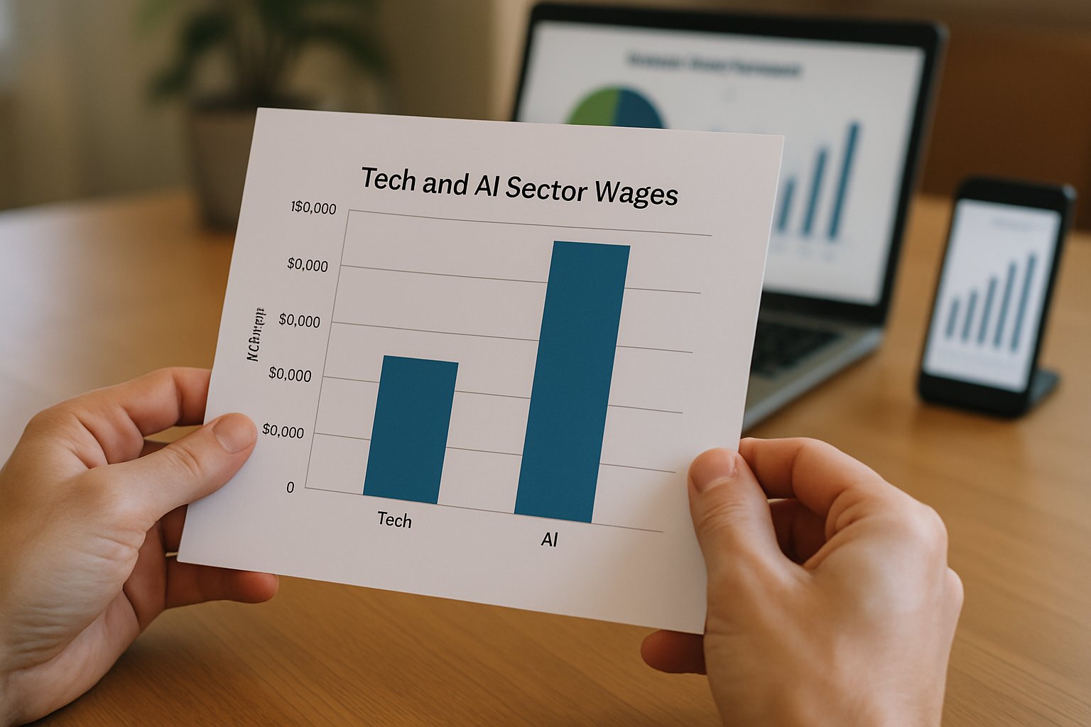 Workforce Economics visual of AI wage premium on printed bar graph.
