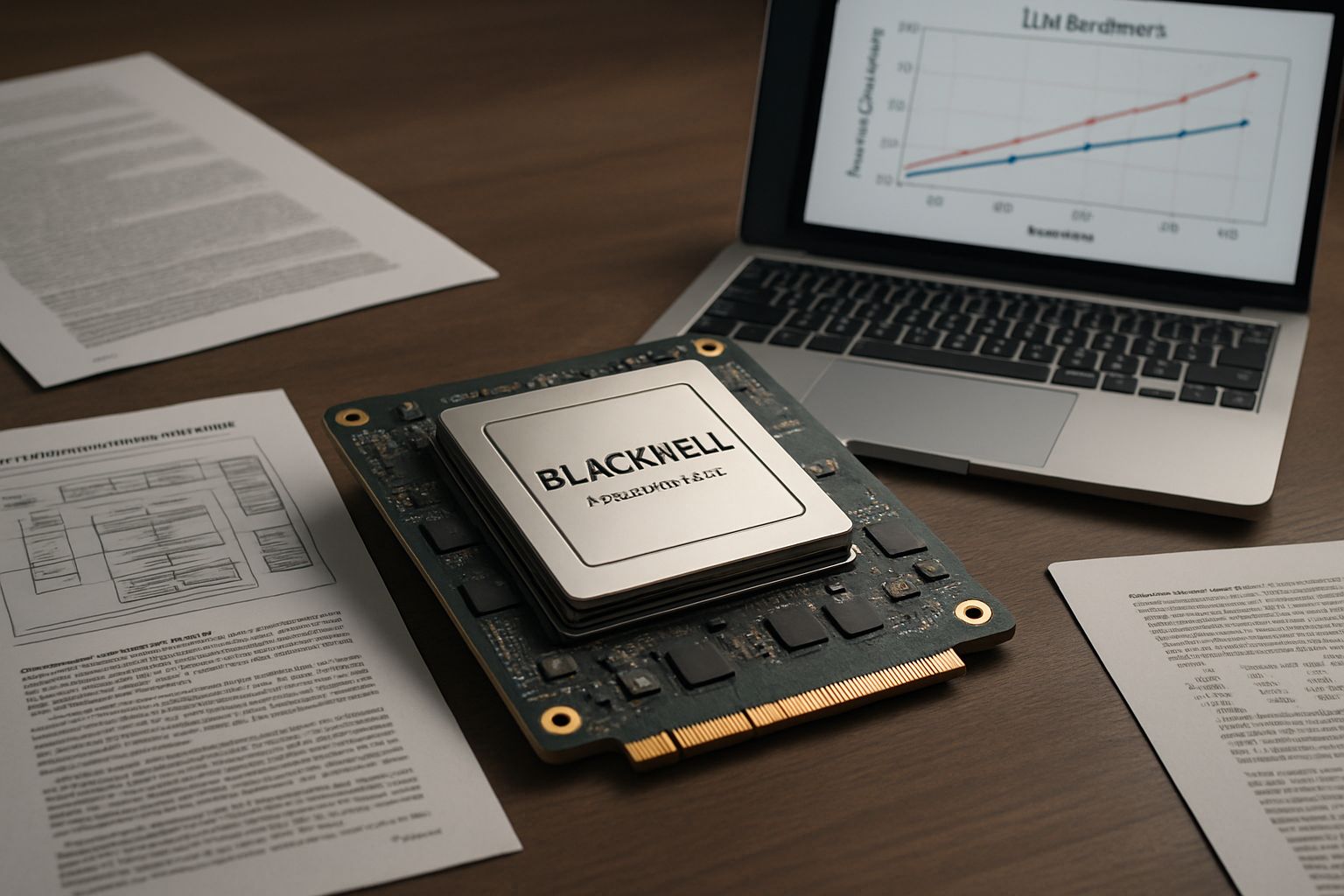 Blackwell inference chip on circuit board with technical documents and benchmarking graphs