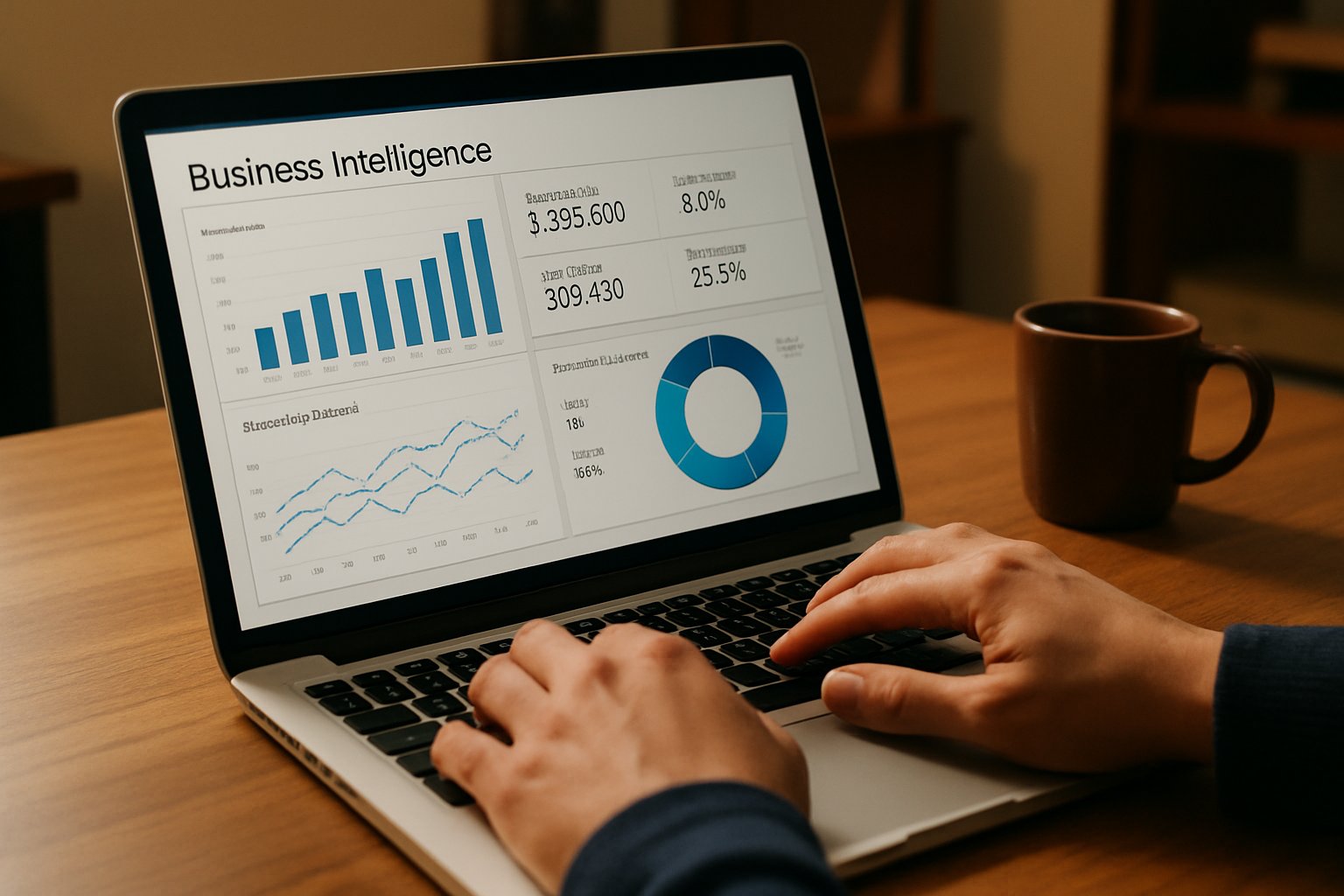 Business Intelligence report with analytics charts on office laptop screen.
