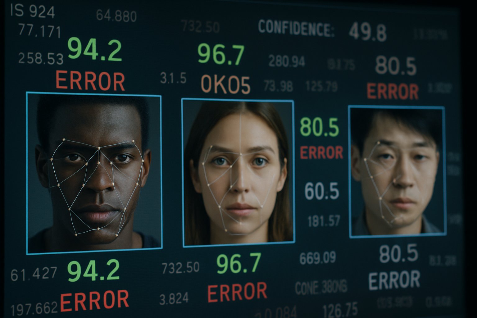 Algorithmic Bias visualized in facial recognition software with racial disparity statistics.