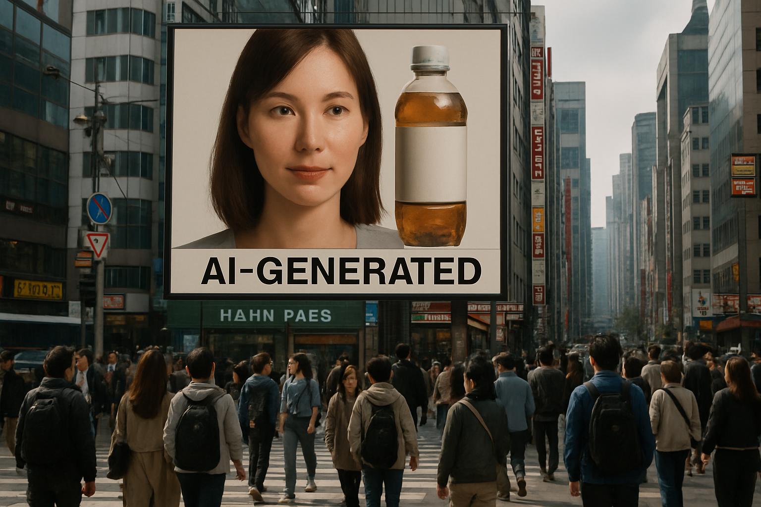 Seoul billboard shows Deepfake Regulation compliance with AI-generated label.