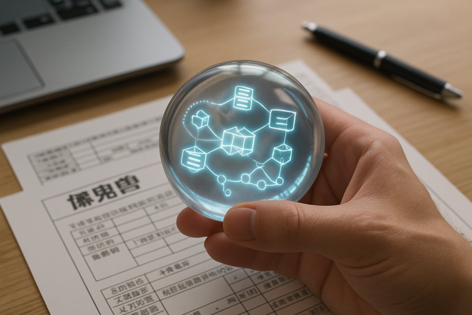 World Network Japan biometric orb device with blockchain elements on office desk.