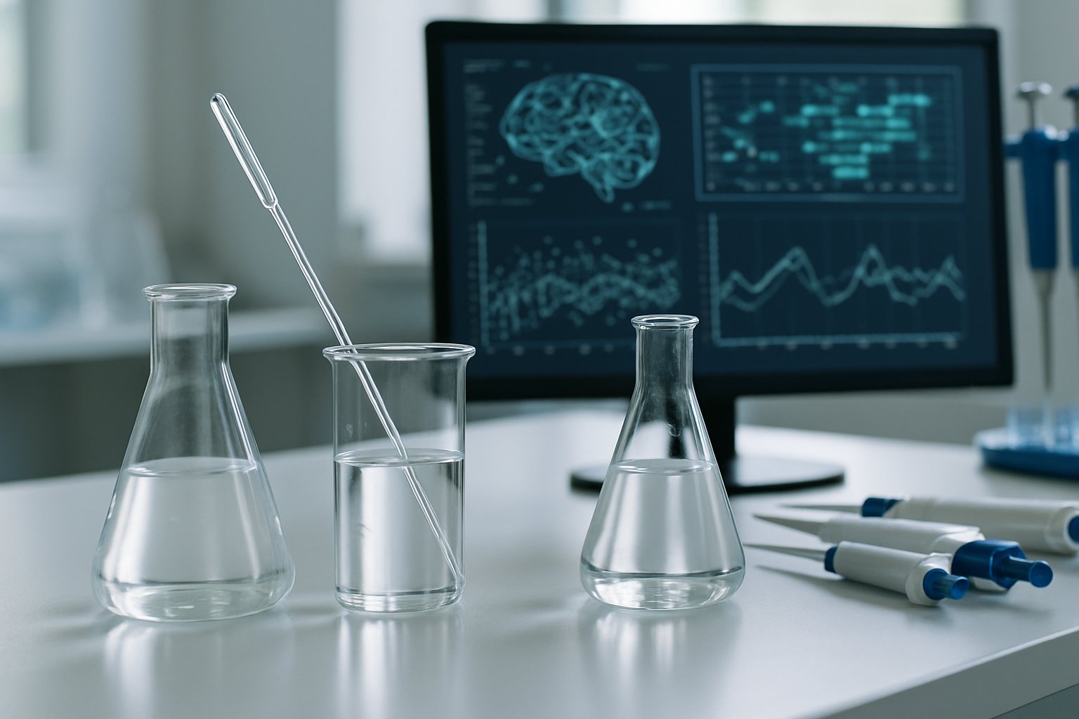 AI Biotech data analysis and lab equipment during muscle loss drug validation.