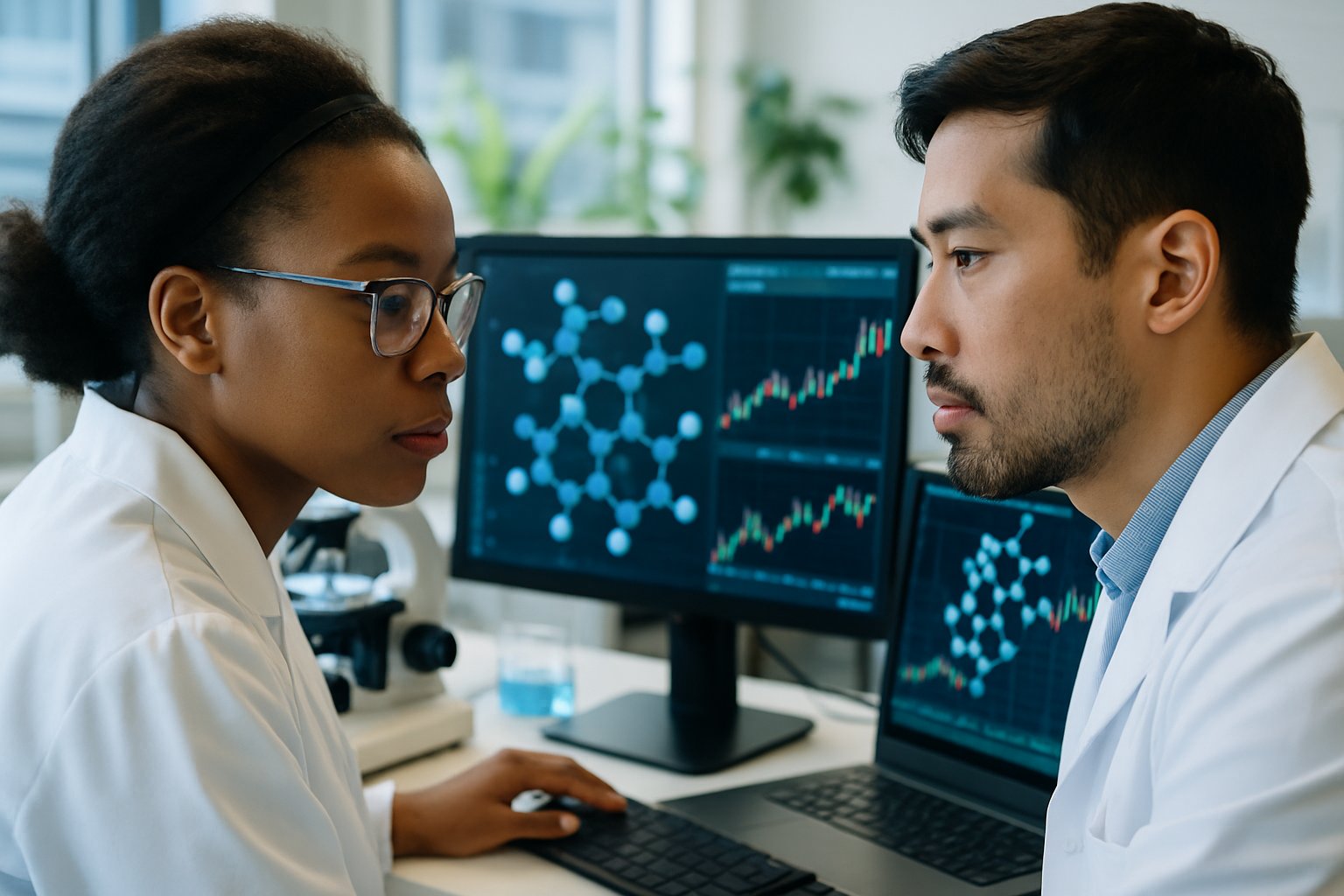 Biotech professionals monitor AI Biotech IPO data in lab