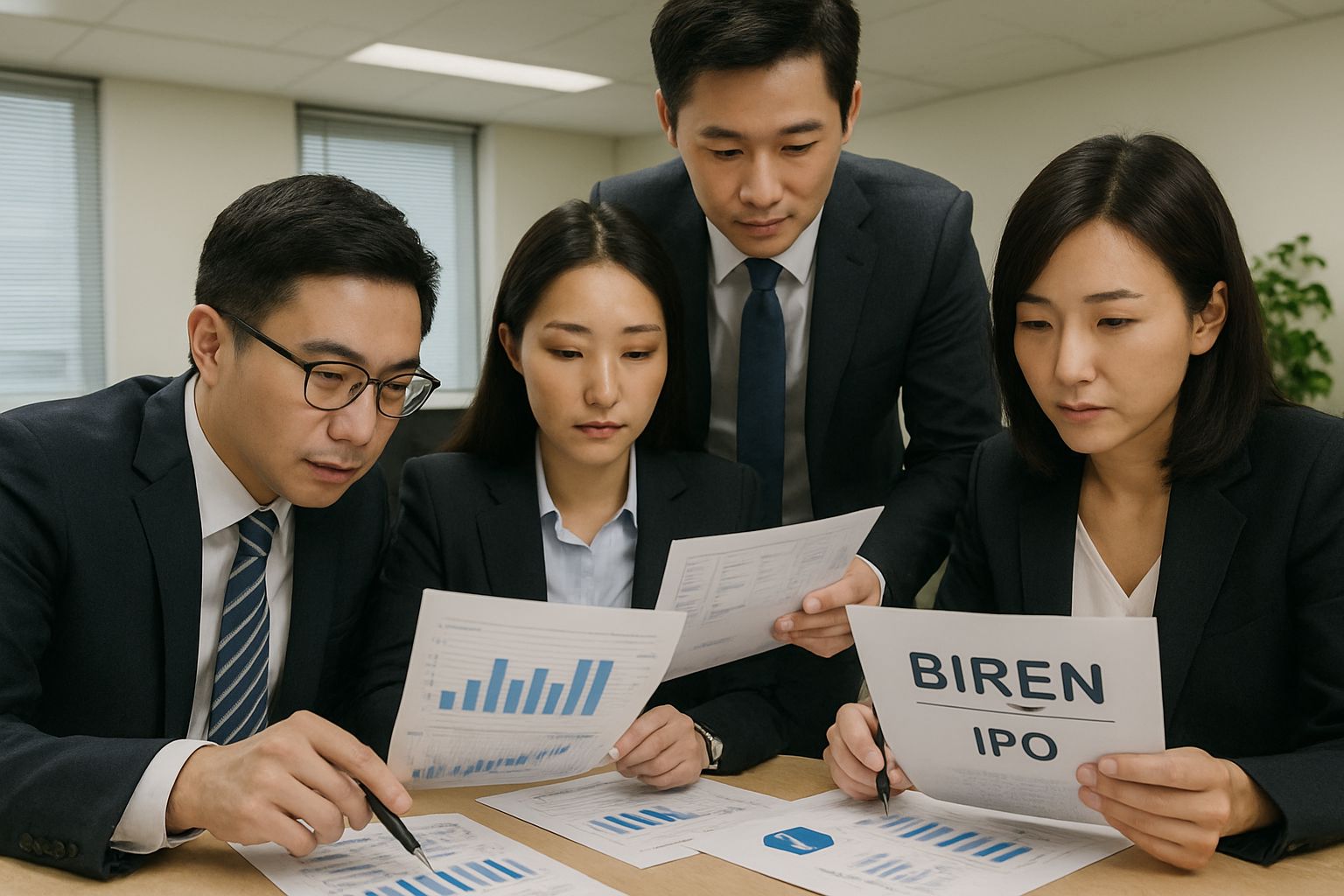 Business team analyzing Biren IPO deal terms and financial metrics.