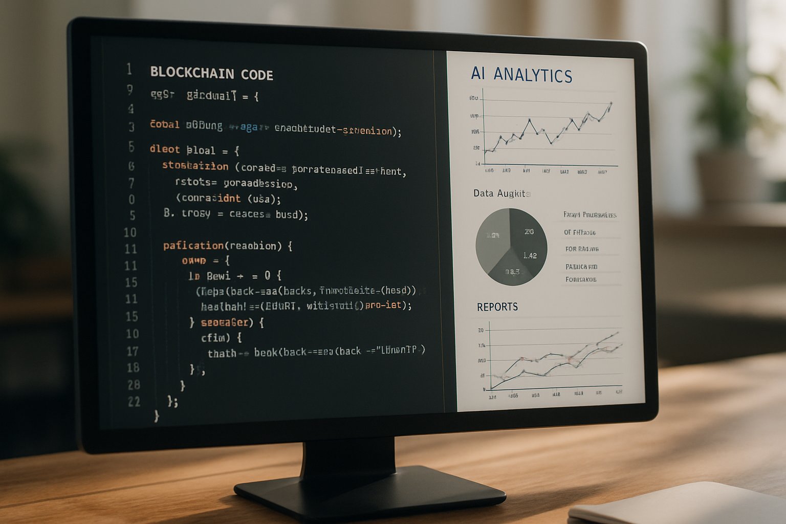 Blockchain AI Software analytics and code displayed on a realistic computer screen.