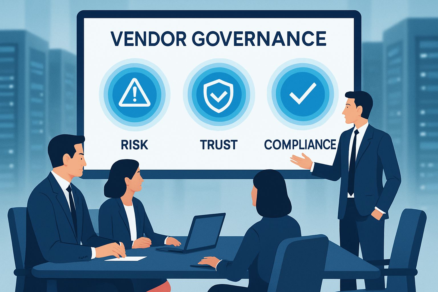 Server Vendor Governance illustrated by executives reviewing compliance dashboard and server background.