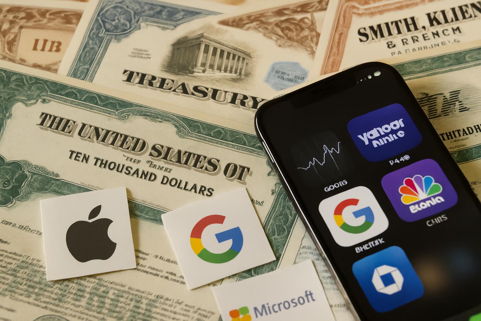 Big Tech debt concept with bond documents and tech company logos.