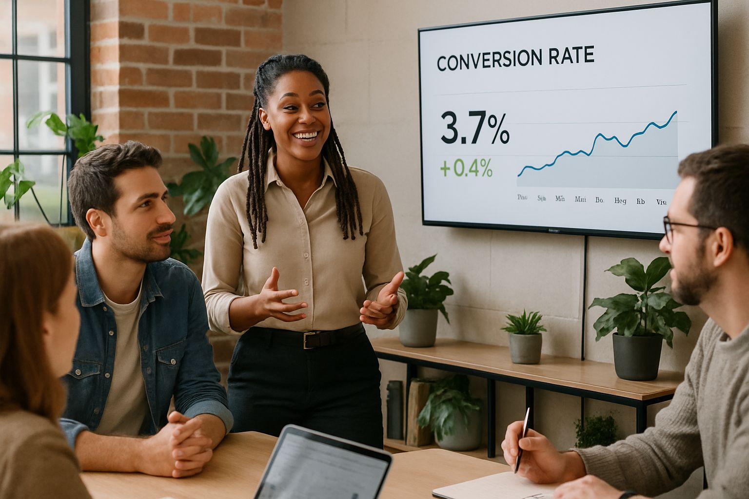Marketing Assistant discusses conversion rates with team after in-app Voice AI launch