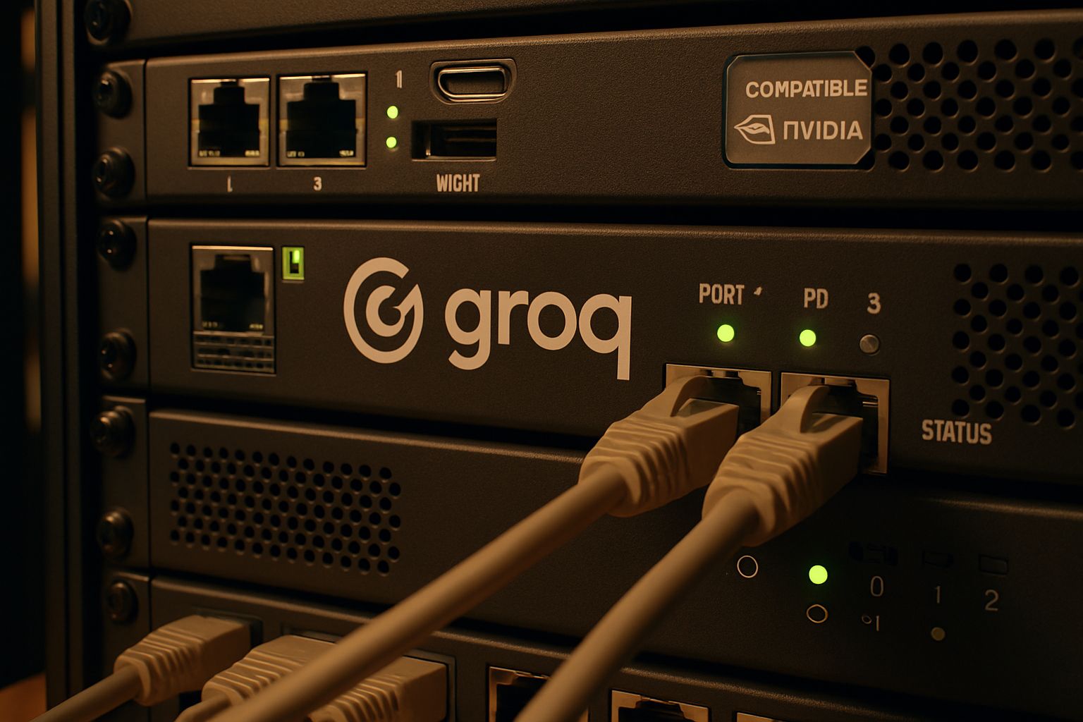 Groq Independent Cloud branded server rack with Nvidia compatibility in real data center.