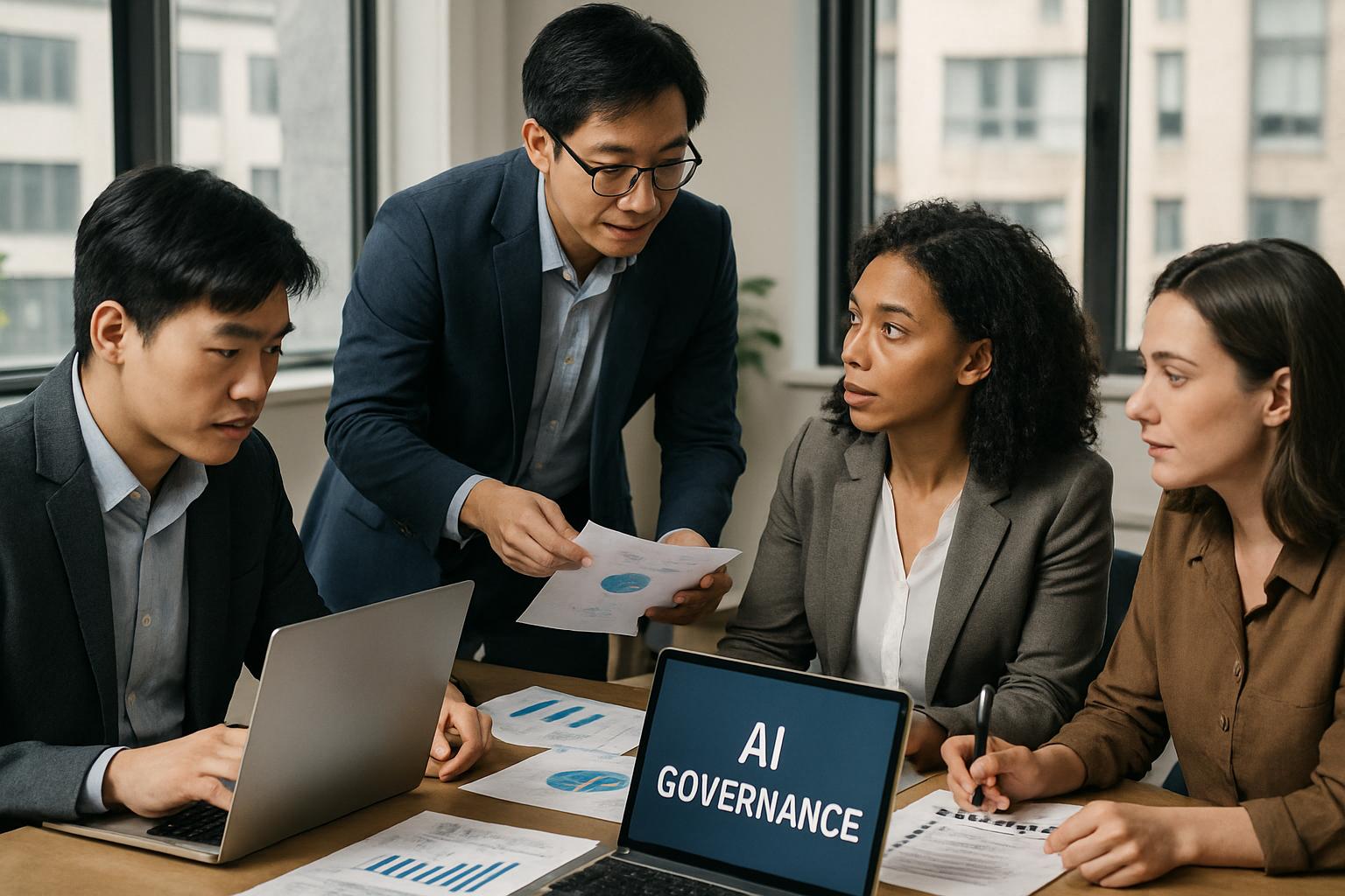 Corporate team reviewing AI Governance compliance documents in office