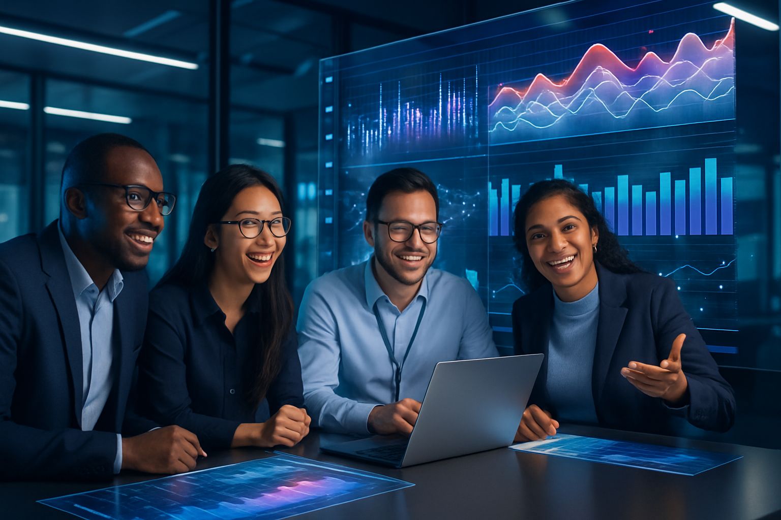 Tech leaders discussing Synthetic Data strategy and market opportunity in modern office.