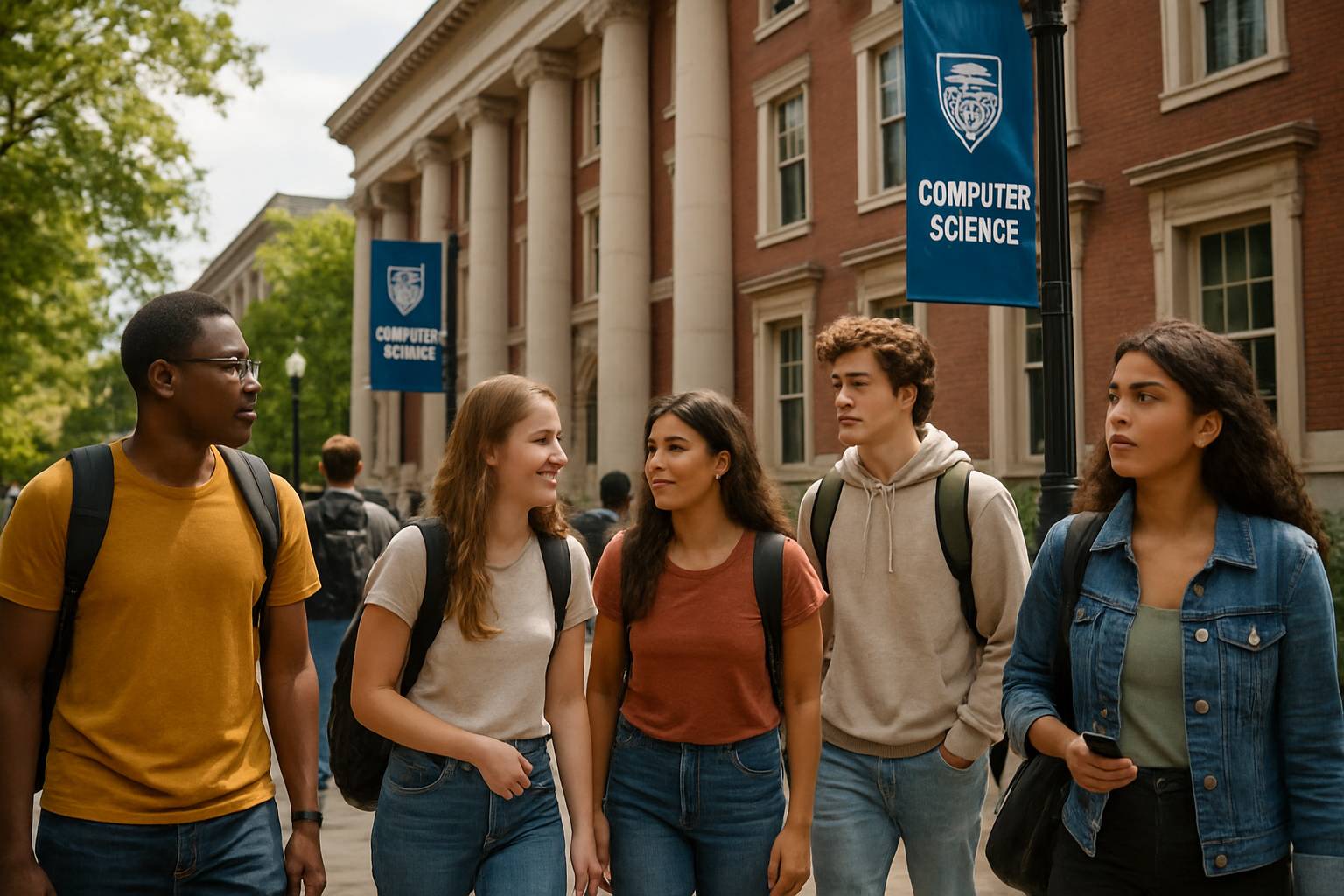 University students discussing careers in AI Talent Gap context outside campus.