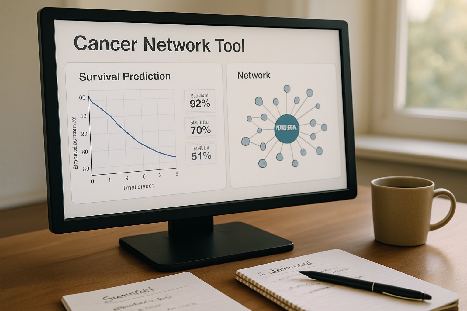 Dashboard of Cancer Network Tool displaying survival prediction network diagrams.