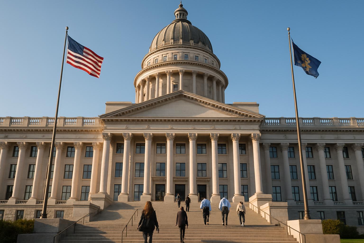 State Legislation affecting AI shown by a capitol building with flags and people.