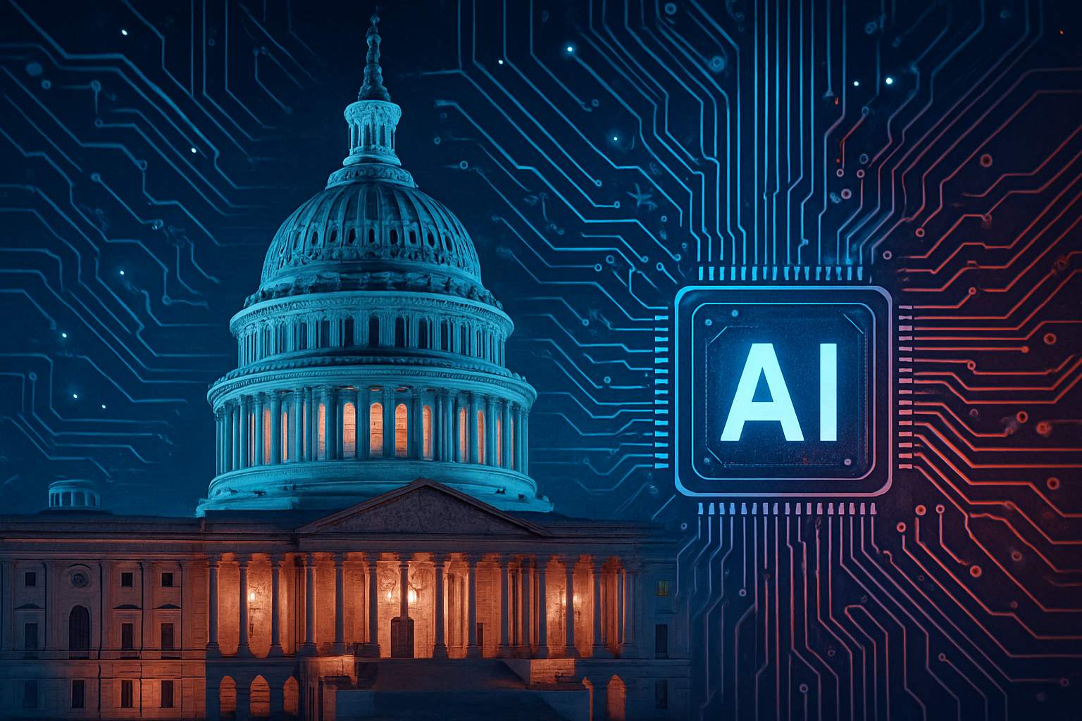 Political Advocacy visualized as Capitol Hill surrounded by AI chip imagery.
