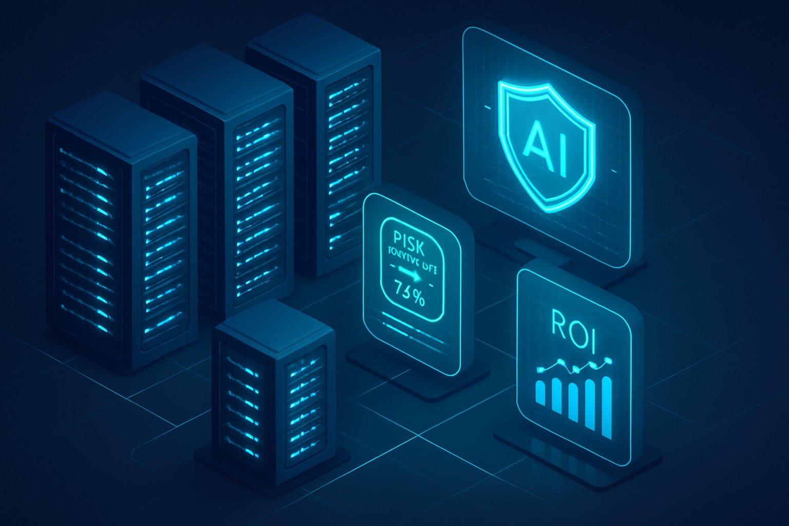 Enterprise AI Services illustrated with server rooms, digital certifications, risk metrics, and ROI graphics.