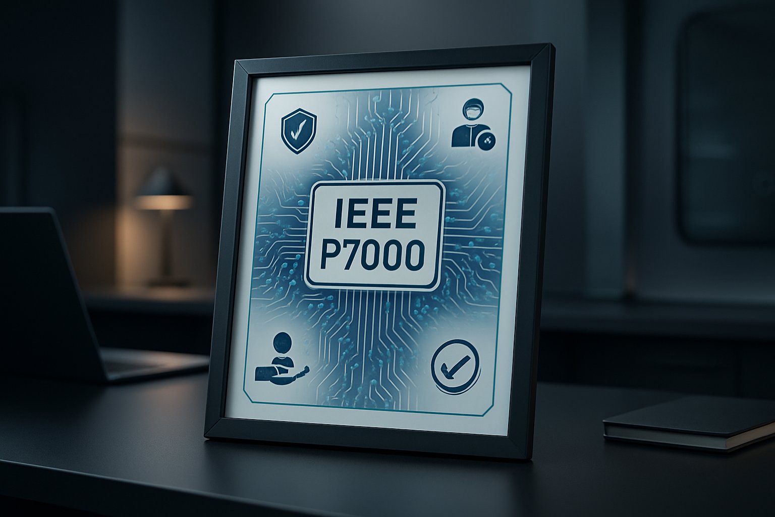 Ethical AI Engineering certificate with IEEE p7000 standards and trust icons.