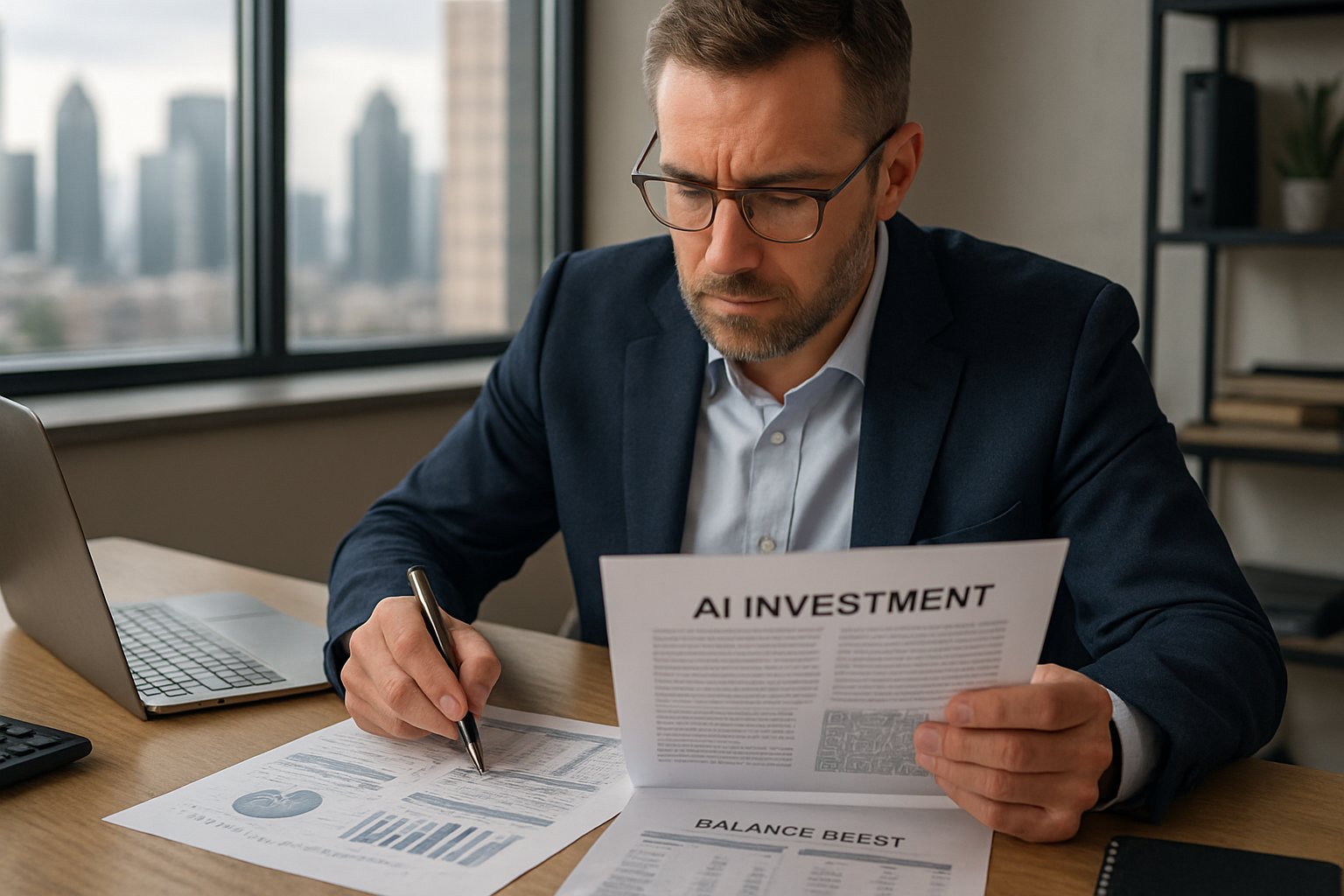 CFO reviews AI Economics financial forecasts with city view background.