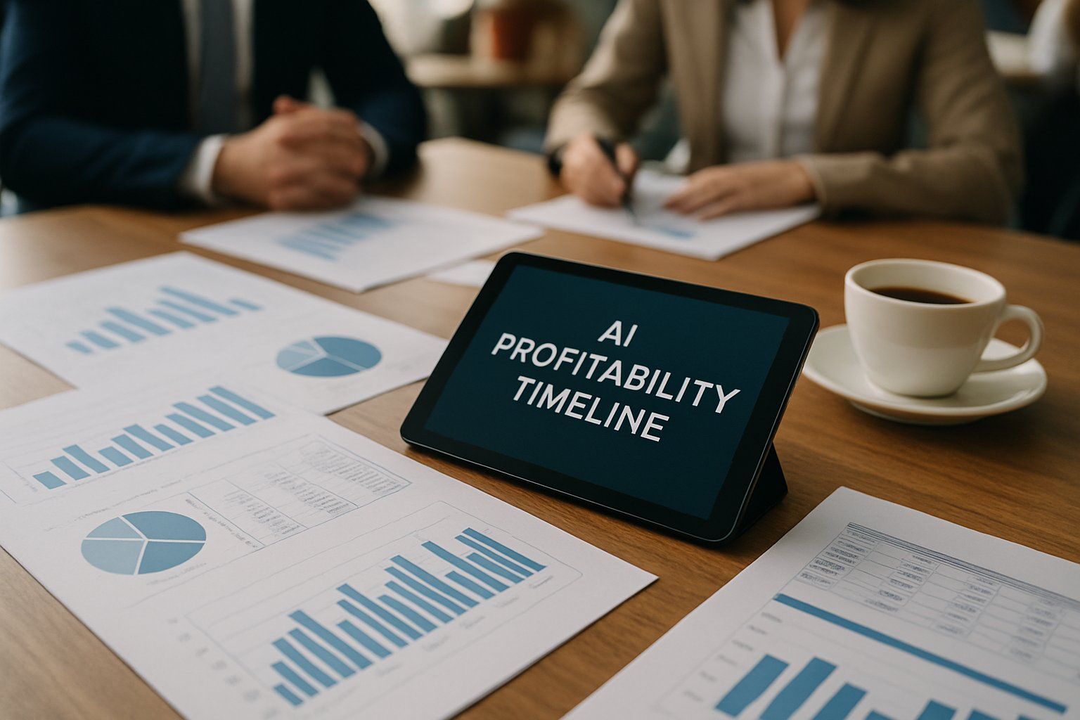 Table with printed graphs and tablet displaying AI Profitability Timeline.