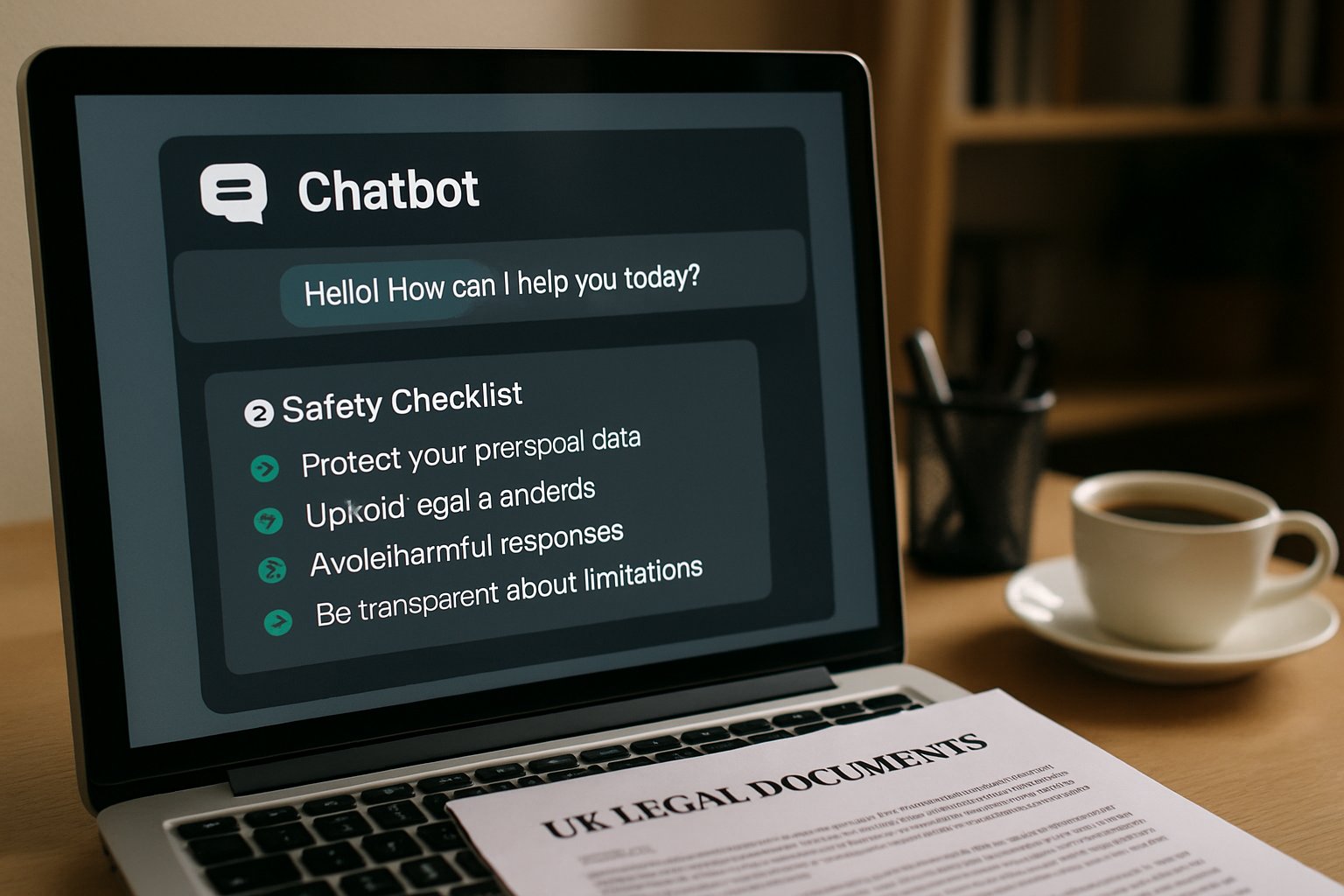 Monitor showing Chatbot Safety checklist and UK regulations