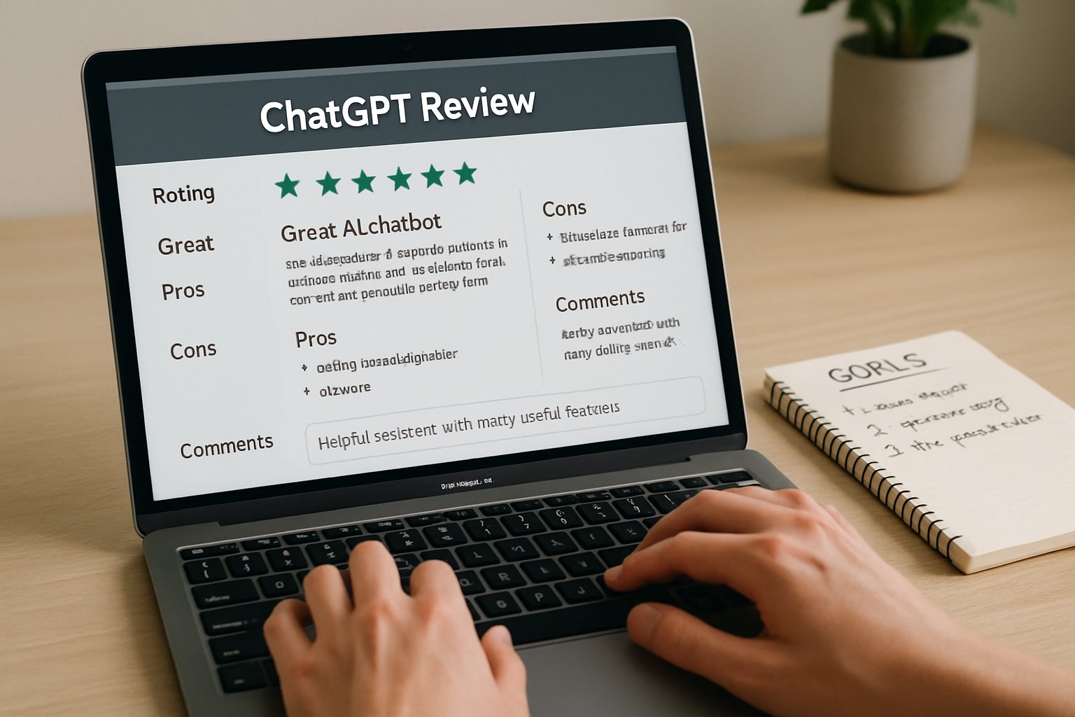 Laptop showing ChatGPT Review interface with leadership success prompts