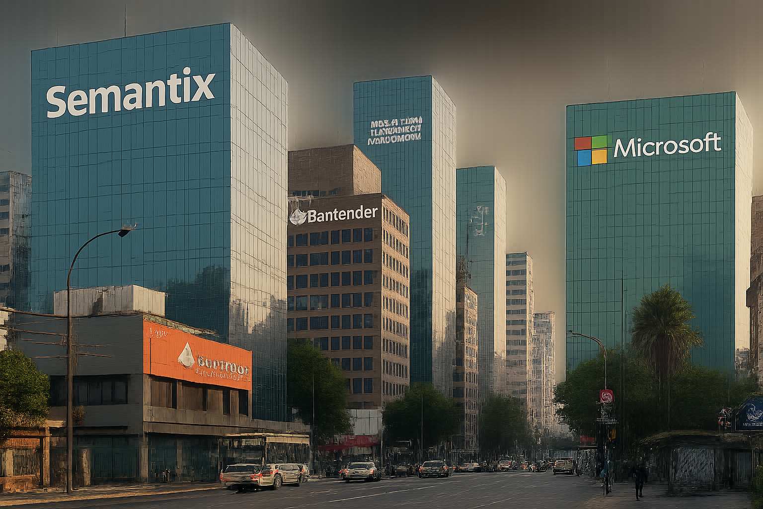 Atos operations sale reflected in Latin American city with Semantix signage.