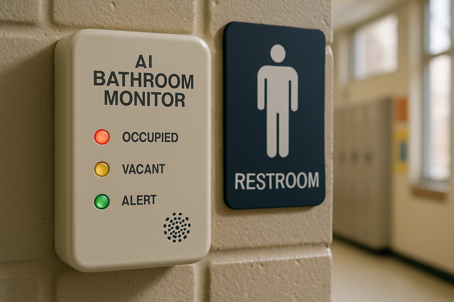 Detailed view of AI bathroom monitors device in a school hallway near restroom.