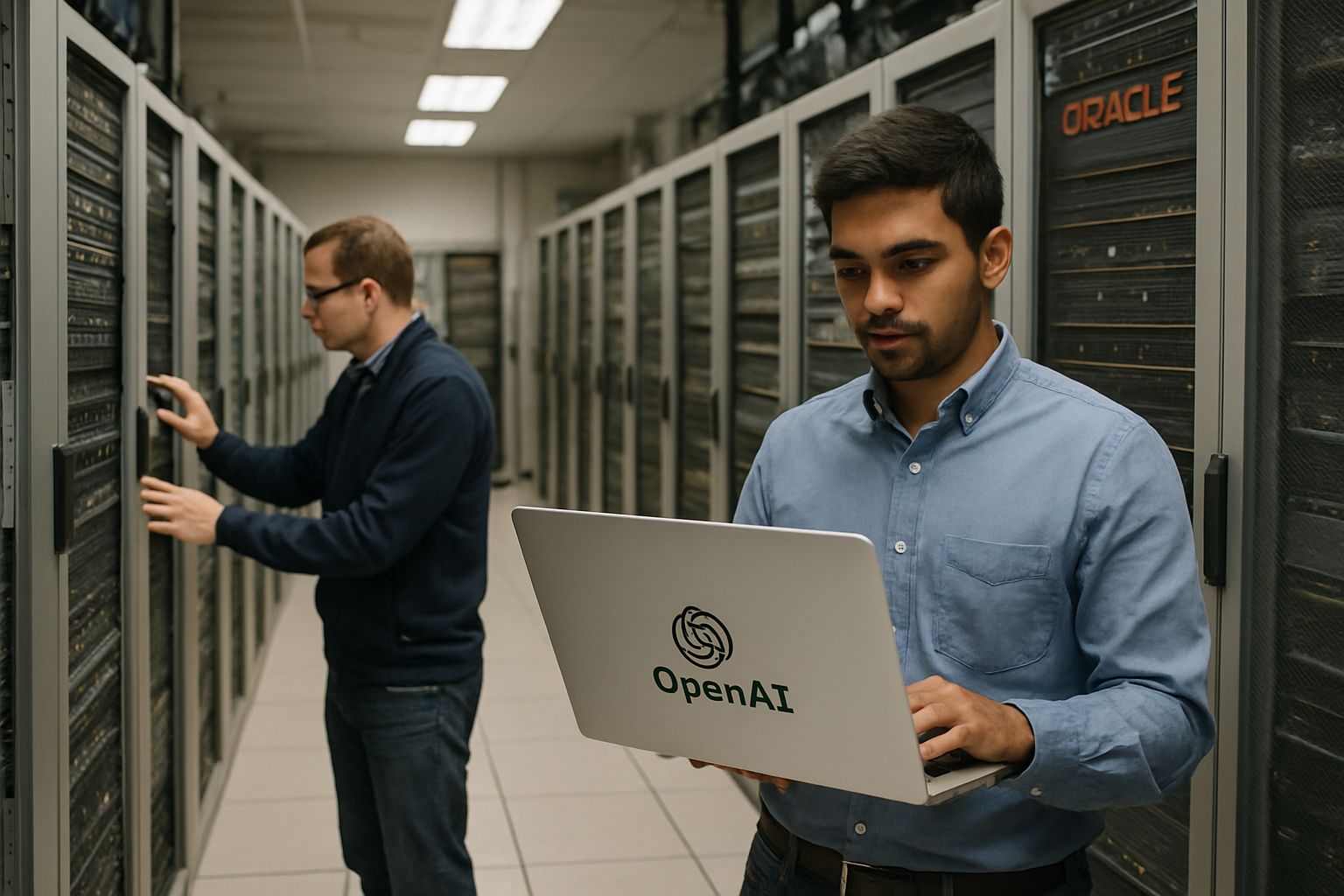 Modern data center with servers symbolizing Oracle-OpenAI Cloud Deal infrastructure.