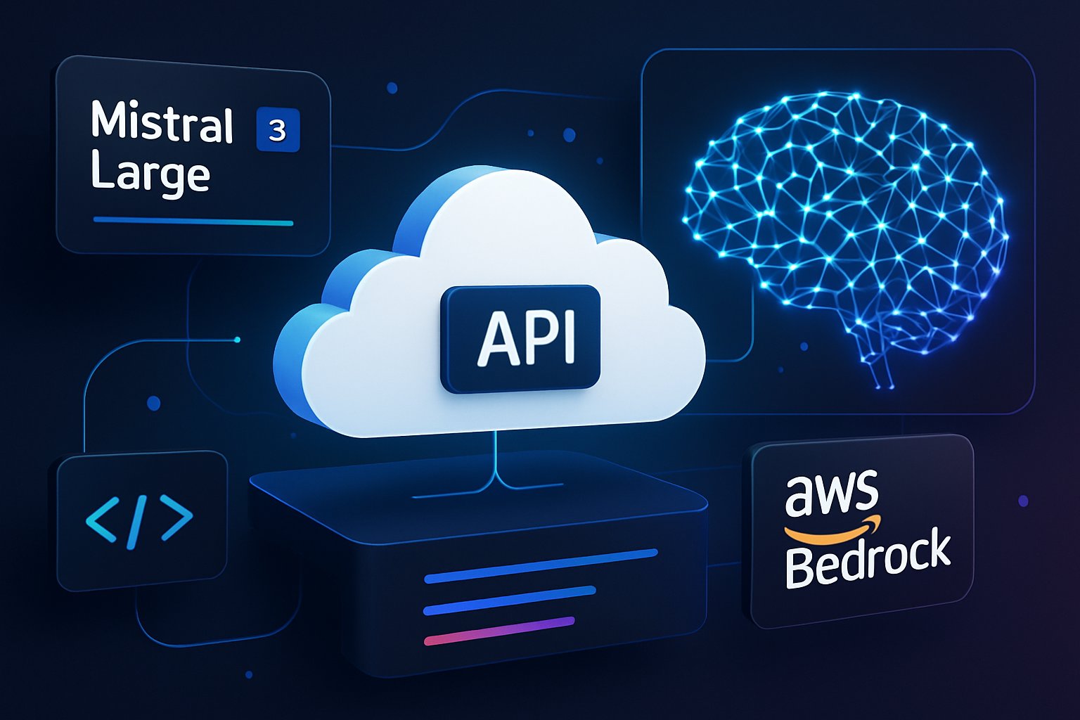 Cloud platform interface depicting LLM Model Integration with APIs using Mistral Large 3 and AWS Bedrock.