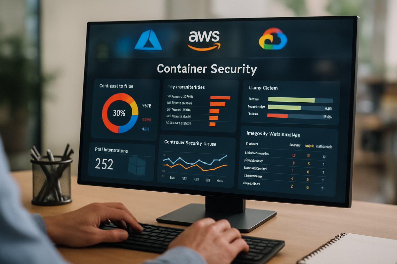 Cloud Security container dashboard on a computer monitor in a real office.