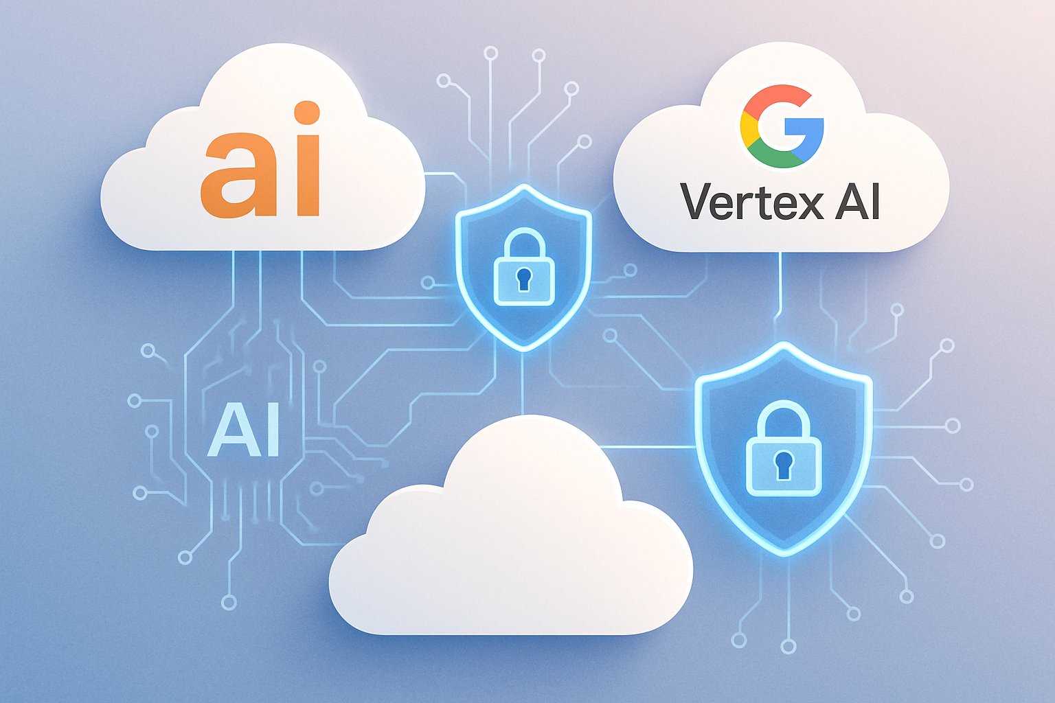 Interconnected clouds and AI circuits highlight Cloud Security across multiple platforms.