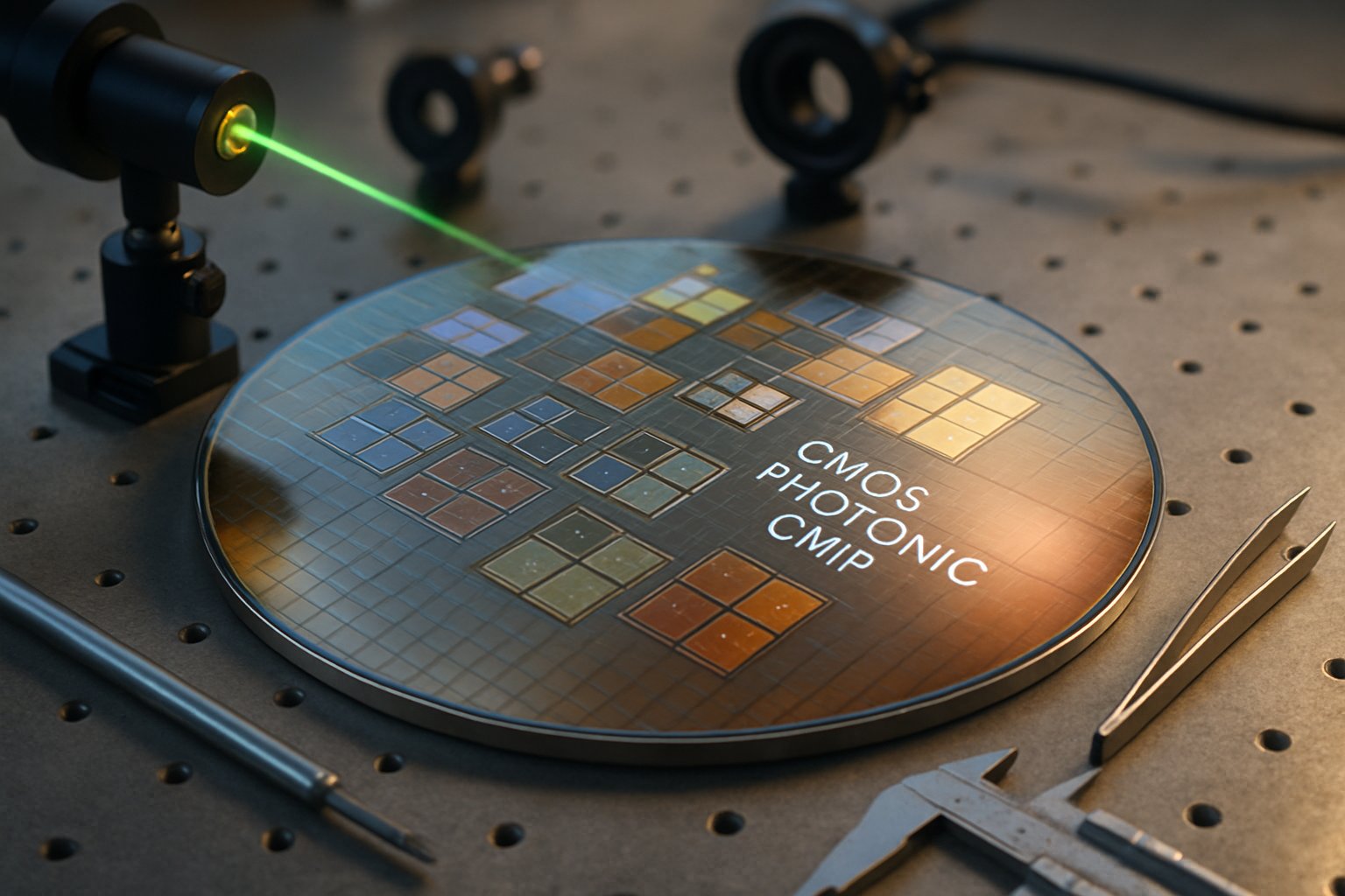 Silicon wafer with CMOS photonic chips for Quantum Computing research on a lab workbench