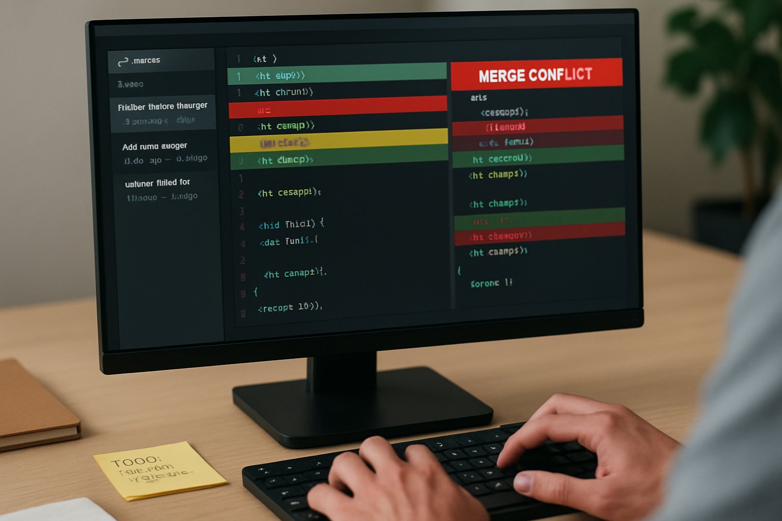 Computer screen showing rising code churn through code changes and merge conflicts