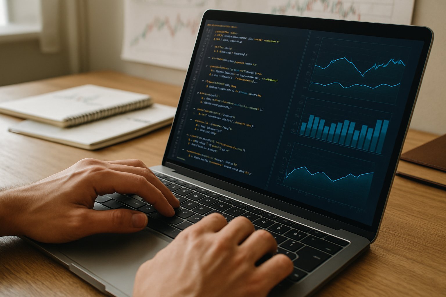 Hands typing code enhanced by Coding AI on a laptop.