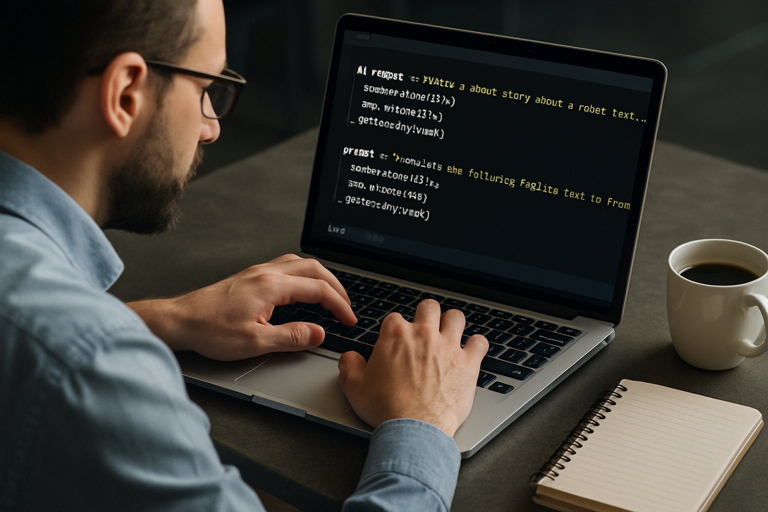 Prompt Engineer developing with Gemini Flash using laptop and AI prompt scripts.