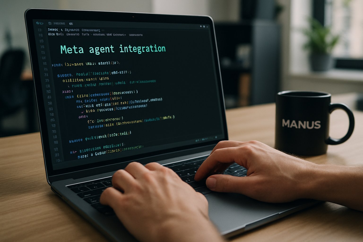 Developer coding Meta agent integration with Manus elements in office.