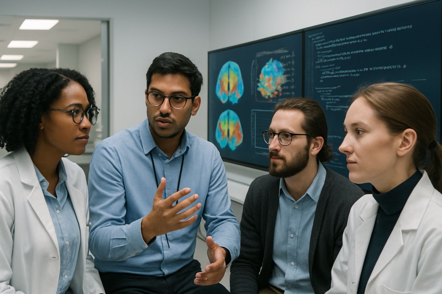 Researchers analyzing data in a Neuroscience AI Dataset with brain activity visualizations.