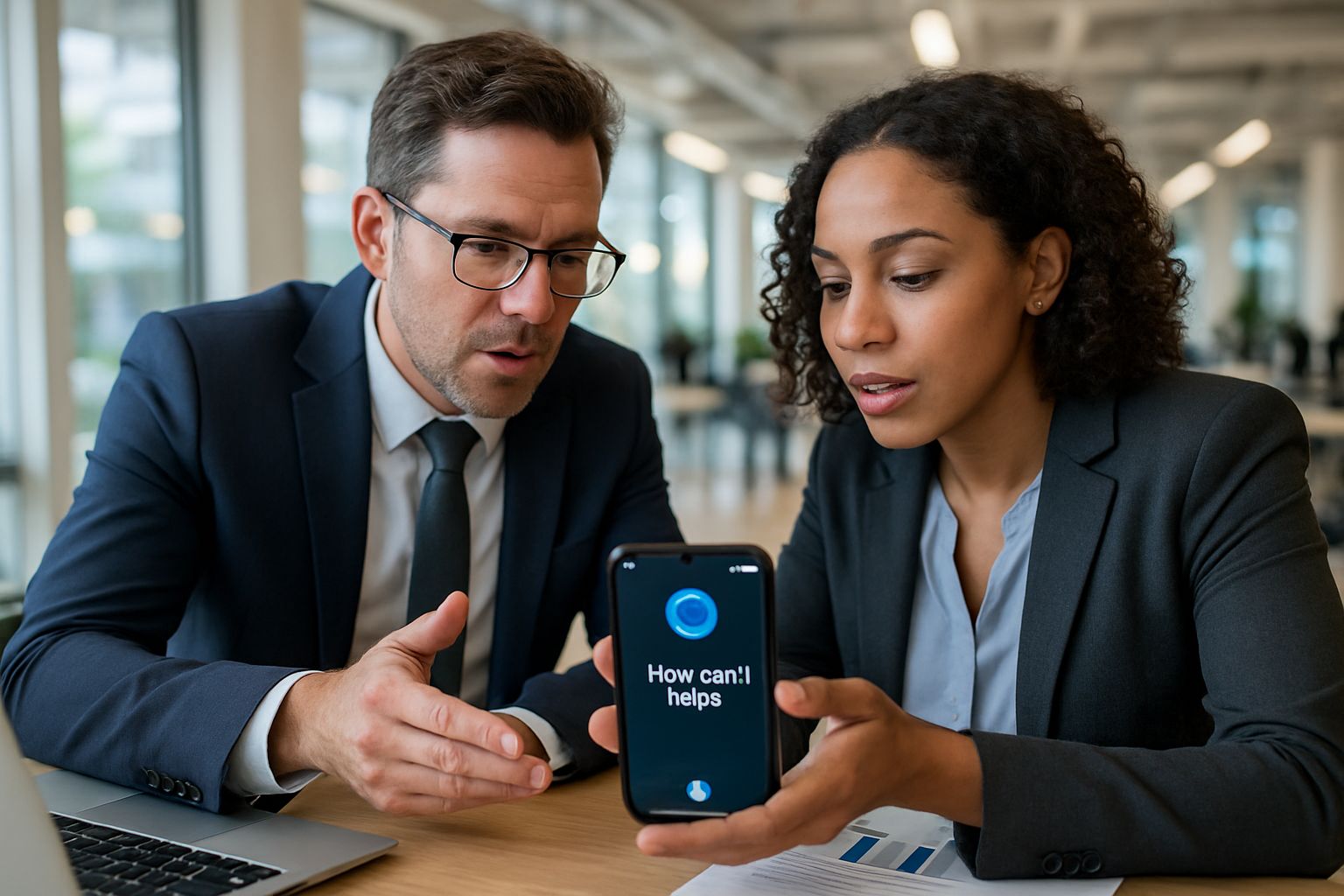 Business professionals discussing AI Assistant features on smartphone