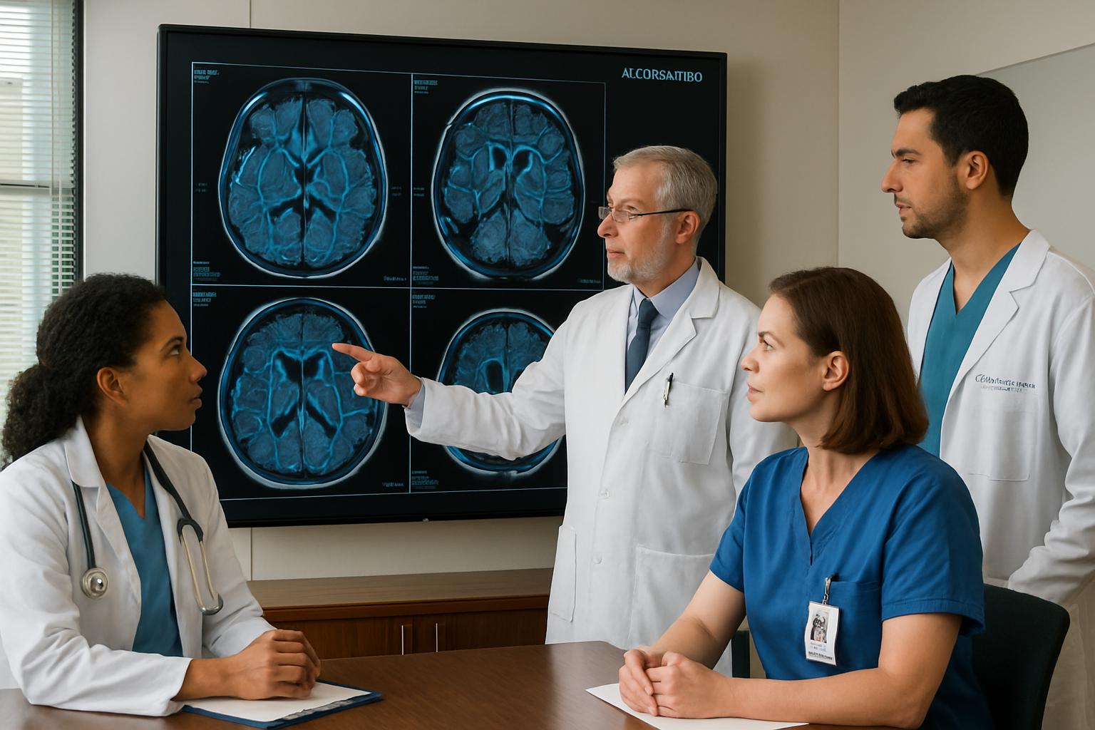 Healthcare team reviewing AI MRI planning results on screen