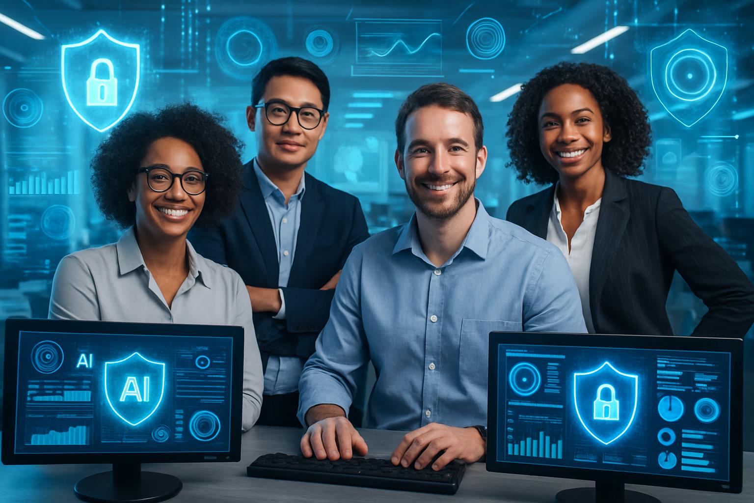 Team using AI dashboards to boost cyber resilience in enterprise setting.