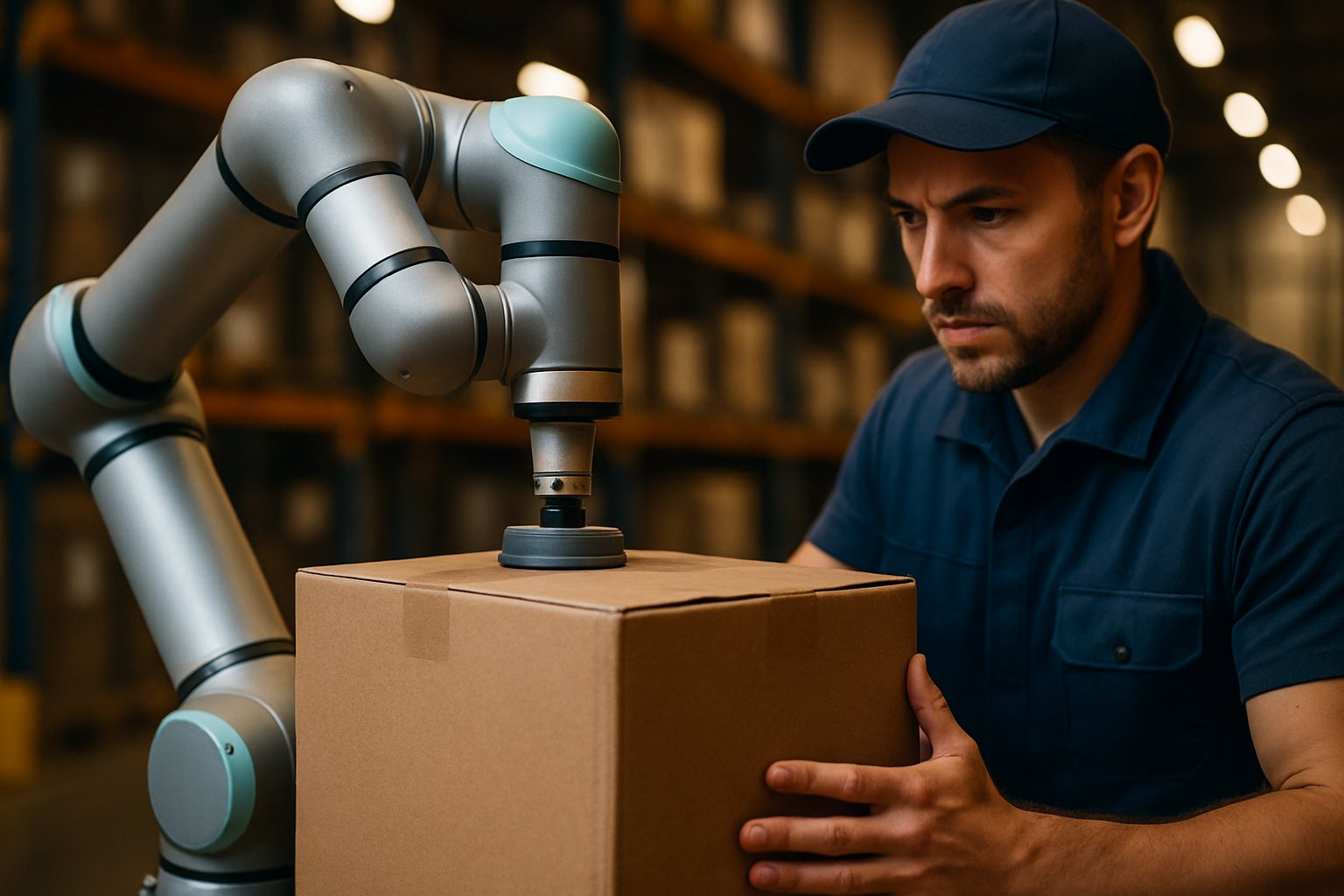 Robotics Automation robot arm lifting heavy package next to worker