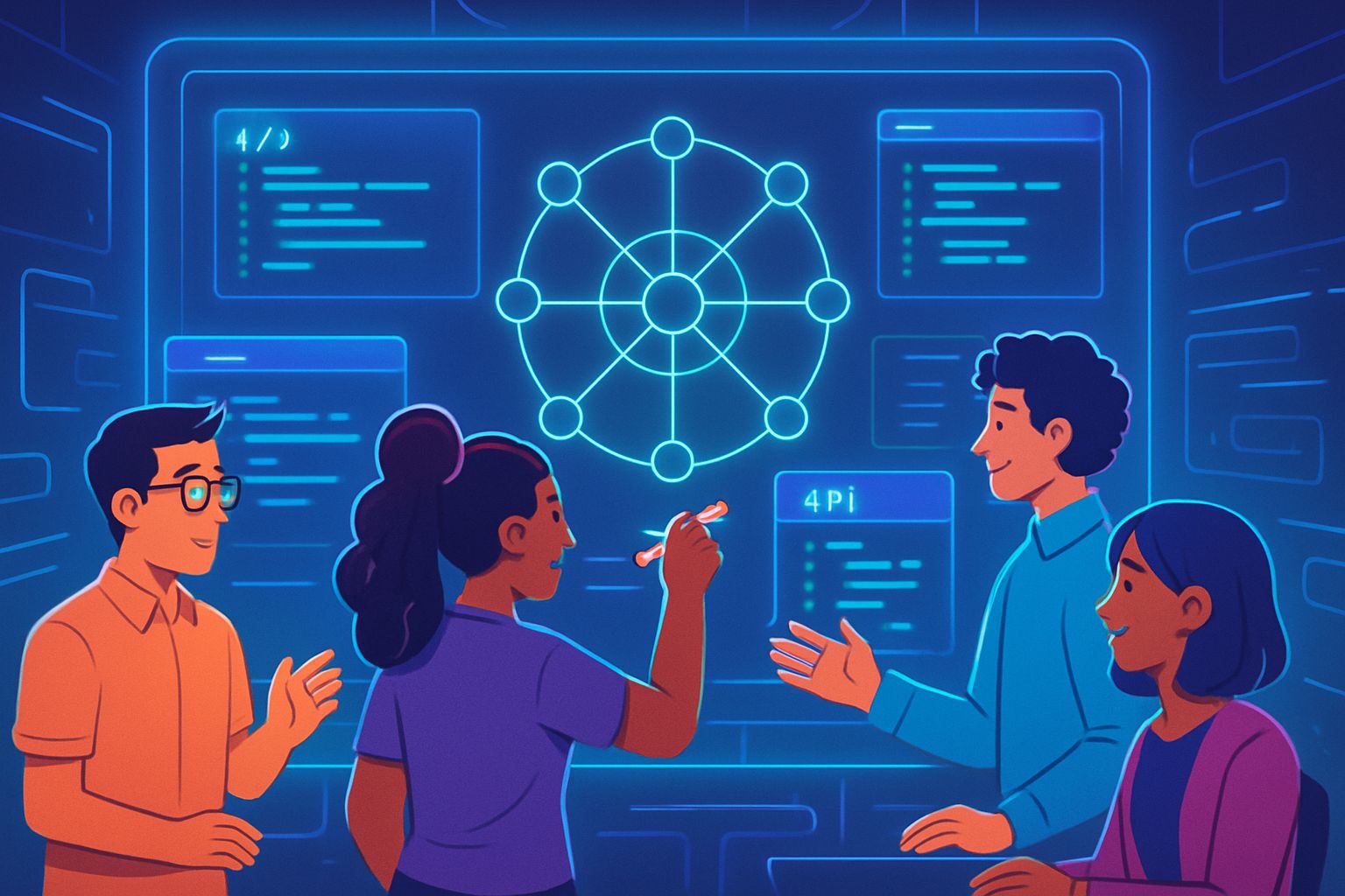 Team using Developer Tools with ecosystem and code integrations visualized.