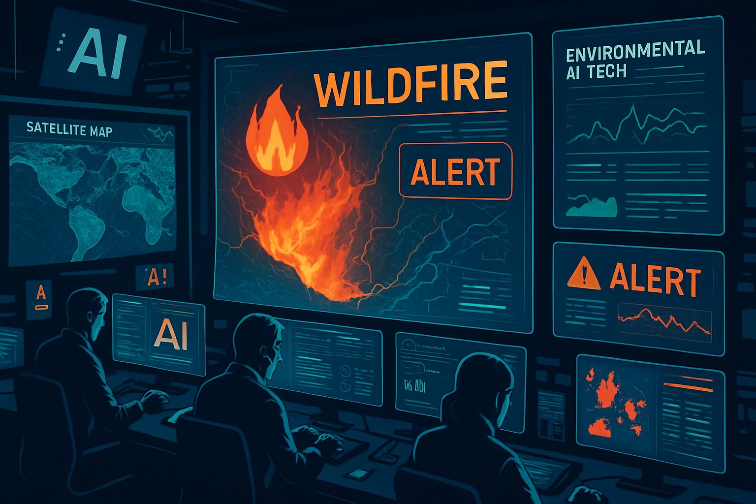Environmental AI Tech command center monitoring wildfire detection data.