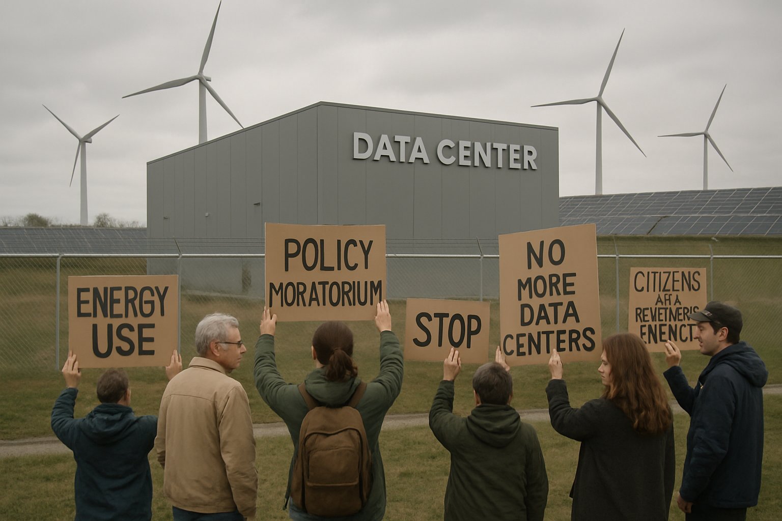 Community protests near data center about Policy Moratorium and energy usage.