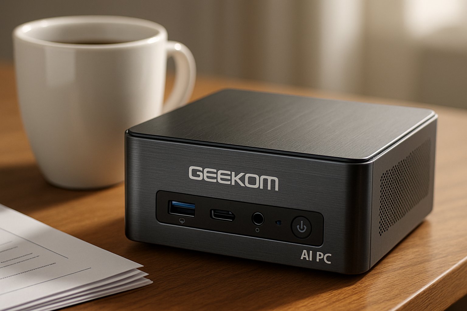 Compact Geekom AI PC hardware with visible ports and branding