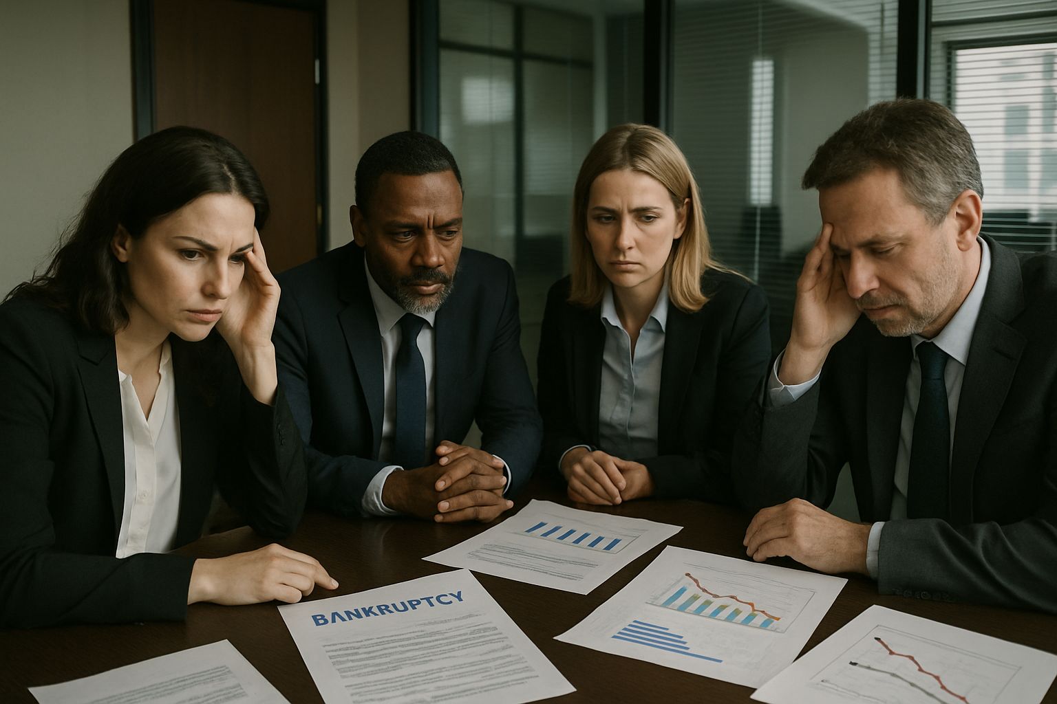 Business team analyzing the iRobot Bankruptcy effects in a conference room.