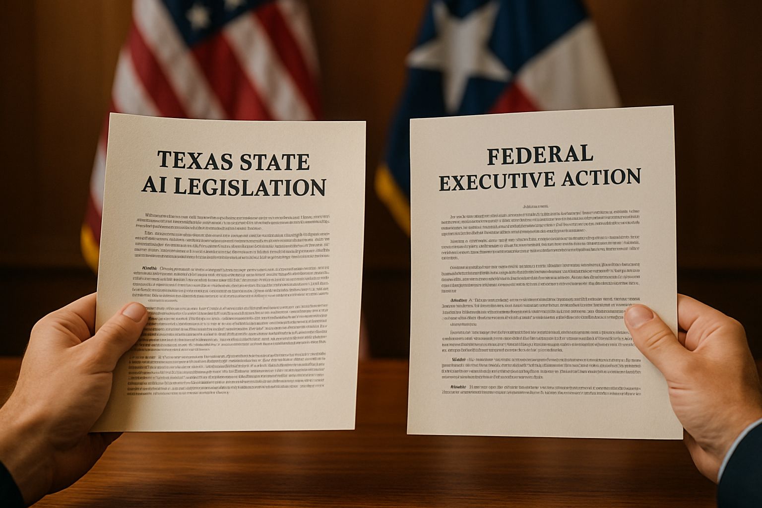Hands holding State AI Legislation and federal executive action documents for comparison.